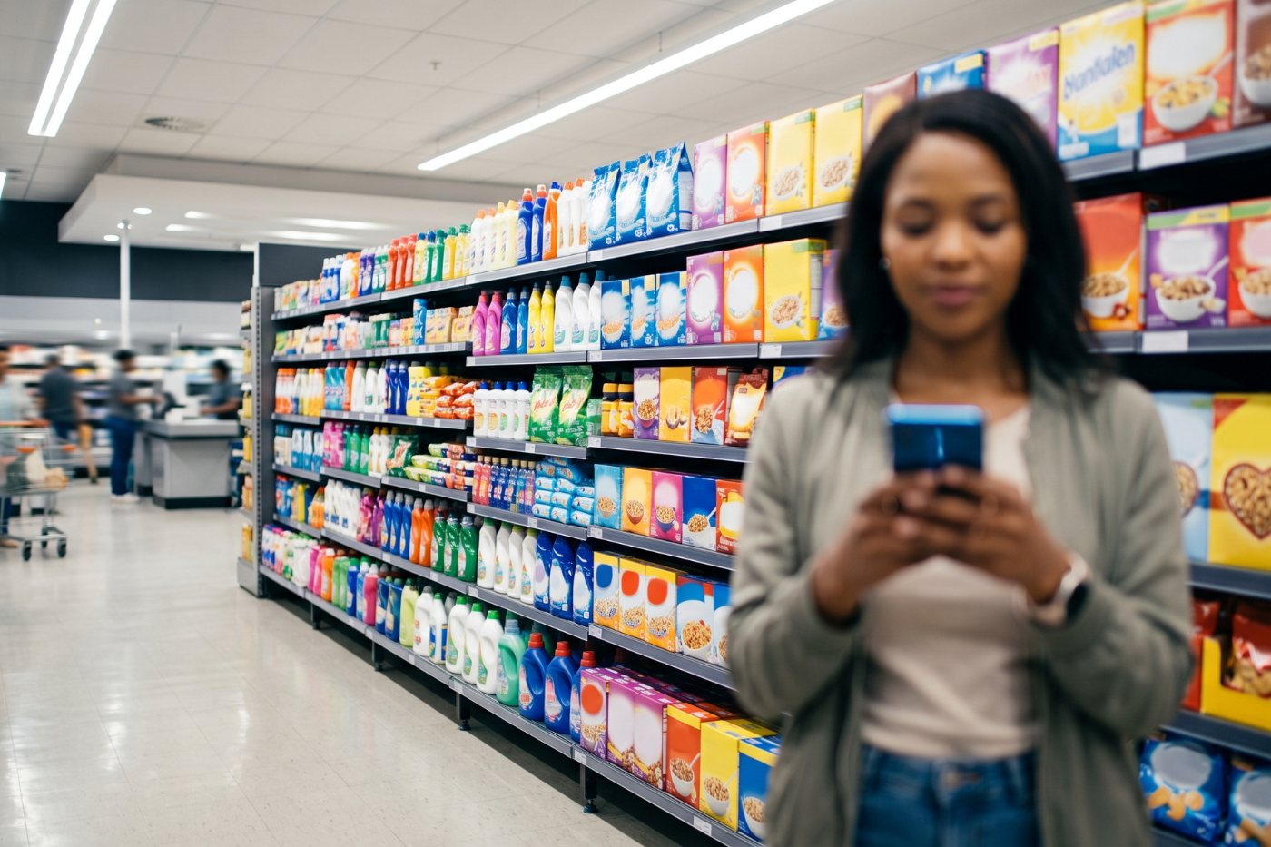 Shopper checking Black Friday deals on her phone in a South African supermarket aisle