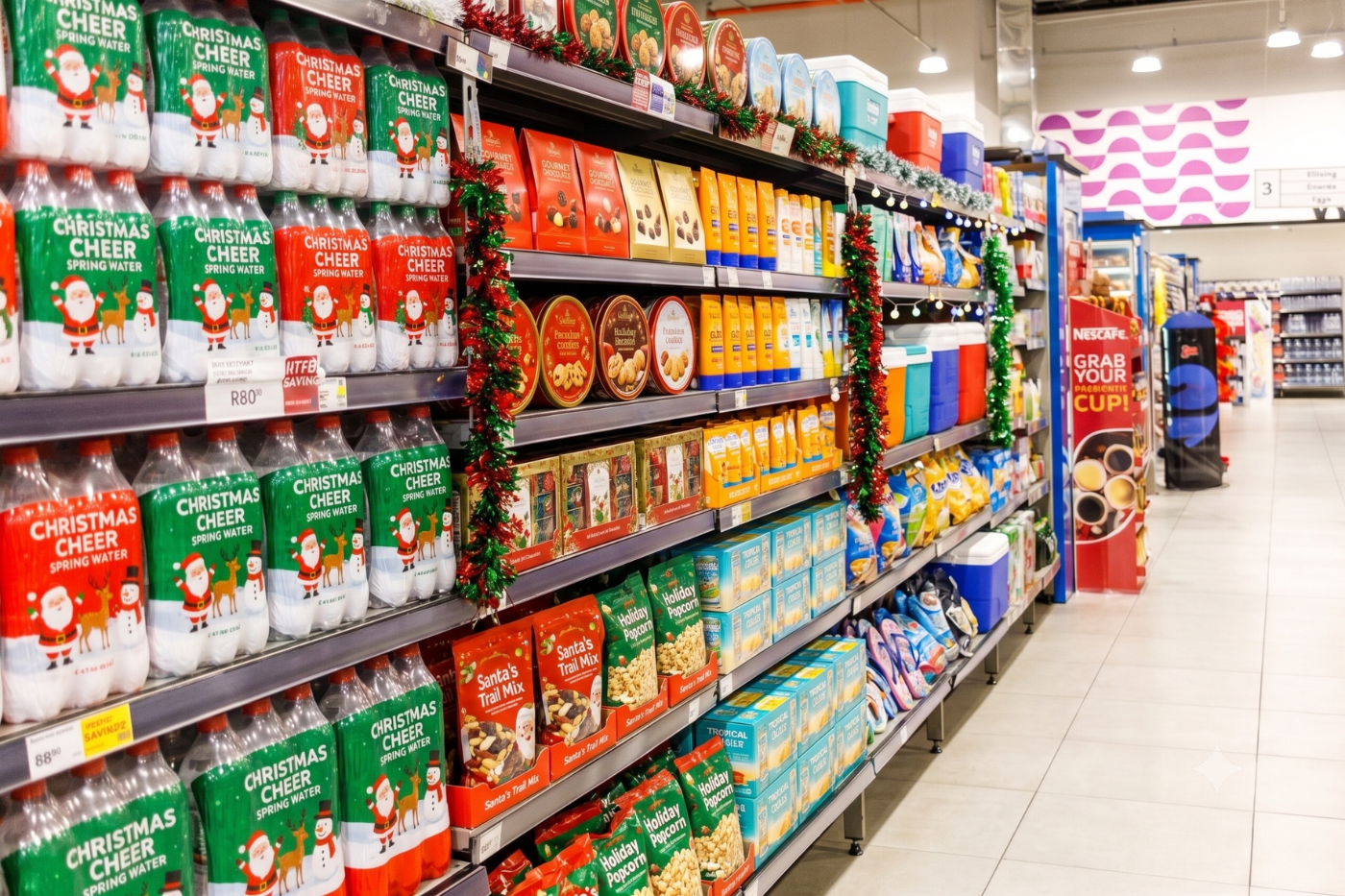Supermarket shelves stocked with festive season products and Christmas decorations